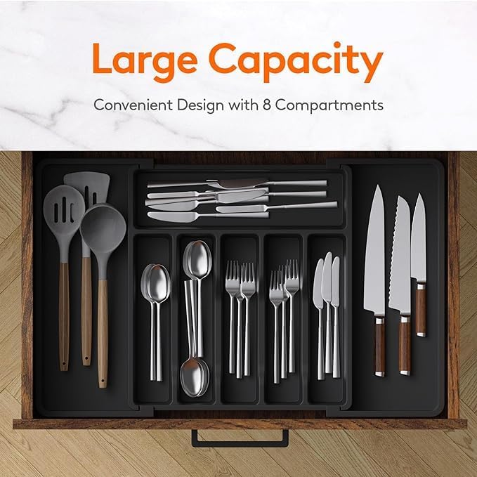 Liying Silverware Drawer Organizer, Expandable Utensil Tray for Kitchen, BPA Free Flatware and Cutlery Holder, Adjustable Plastic Storage for Spoons Forks Knives, Large (Black)
