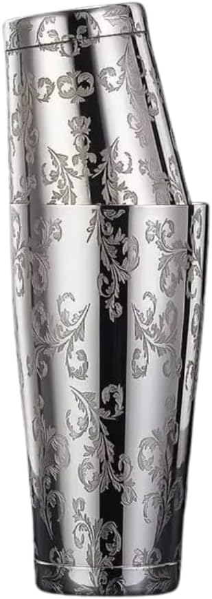 Liying Stainless Steel Boston Cocktail Shaker 750ml, Drink Mixer with Built-in Strainer for Mixing Drinks Margaritas (Flower Deisgn | Silver)