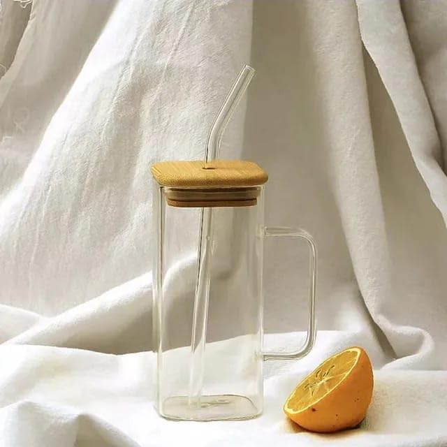 Liying Glass Cups with Lids and Straws, Glass Tumblers with Handles, 450ML Iced Coffee Cups, Drinking Glasses for Cocktails, Tea Cups