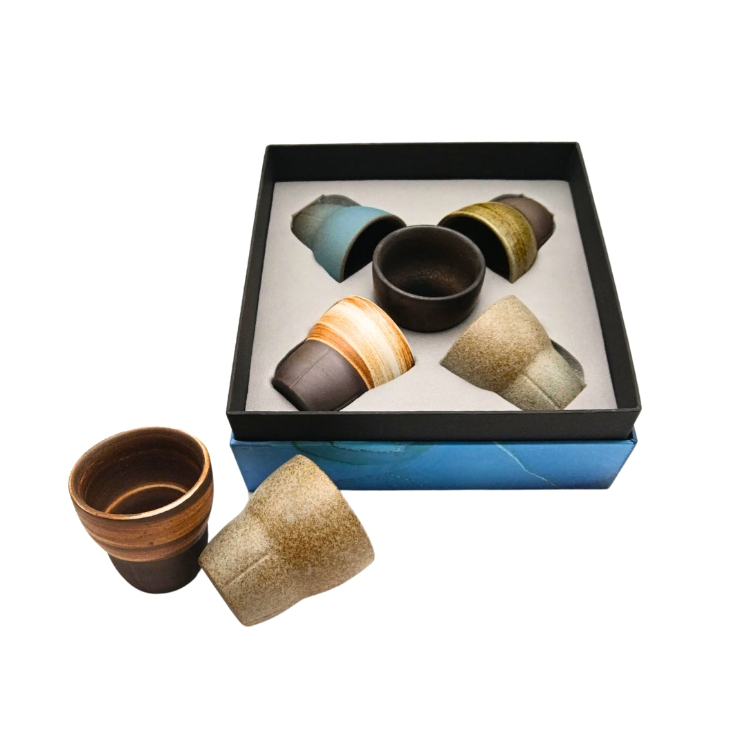 Liying Ceramic Coffee Cup Set 100ml 5 Pieces Handmade Art Design Shiny Brown with Gift Box Cups