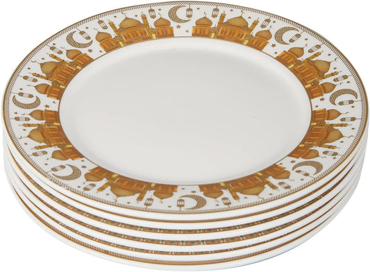 Porcelain Plates with Ramadan Design, Ceramic Round Serving Plate for Salad, Cakes,Sweets,(Set of 6)(S)-gold and White color (L-15*W-15CM)