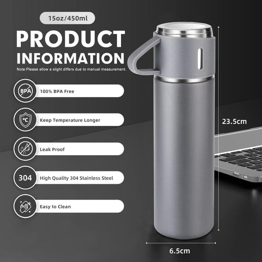 Liying Coffee Thermos Stainless Steel Vacuum-Insulated Water Bottle, 500ml/16.9oz Insulated Bottle with Cup for Hot & Cold Drink Travel Mug (Grey, Three Cup)
