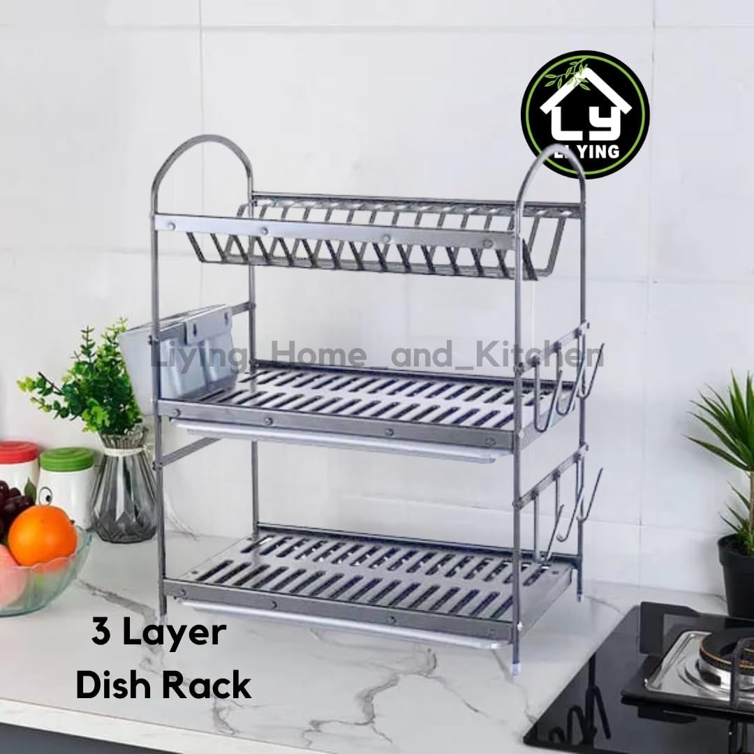 Liying 3-tier Dish Rack with Cup Holder, Dish Drainer with Automatic Drainage, Drainboard and Aluminum Utensil Holder Large Capacity