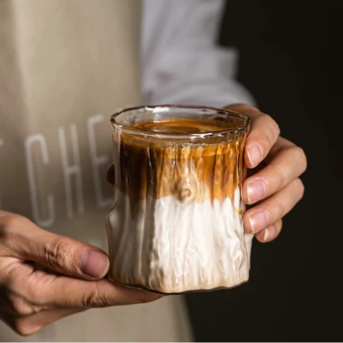 Liying 3Pcs Stump Design Coffee Cup, 275ml Glass Cup, Large Wide Mouth Clear Glass Tea Cup Aesthetic Stripe Glassware for Coffee, Tea, Dessert, Beverage