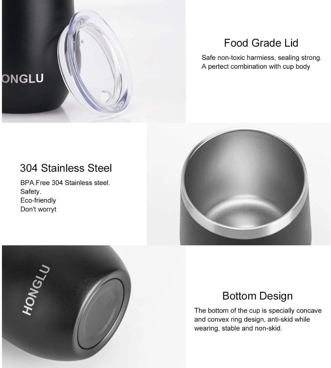 Liying 350ml Insulated Wine Tumbler with Lid Double Wall Vacuum Stainless Steel Wine Glass Coffee Mug Insulated Tumbler Cup for Champaign, Cocktail, Beer (Black)