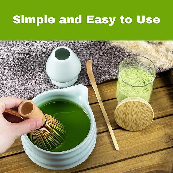 Liying Japanese MatchaSet Includes Matcha Bowl with Spout, Matcha Whisk Holder (chasen), Bamboo Matcha Whisk and Bamboo Scoop (Blue)