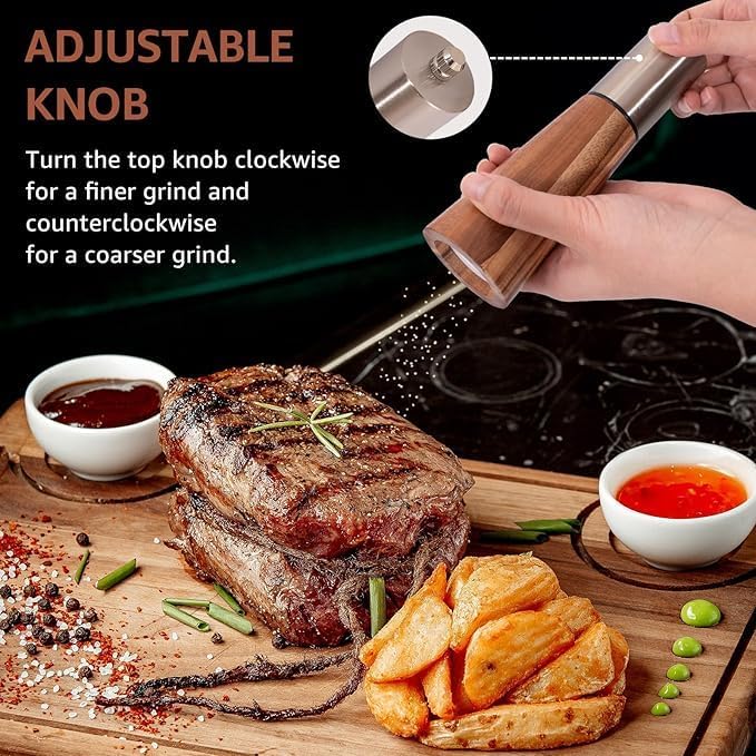 Liying Salt Shaker and Pepper Grinder with Tray, High Strength Ceramic Grinding Core, Refillable Salt Shaker & Pepper Mill Adjustable for Customized Coarseness (Gold)
