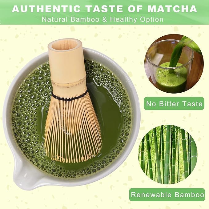 Liying Japanese Matcha Set Includes Matcha Bowl with Spout, Matcha Whisk Holder (chasen), Bamboo Matcha Whisk and Bamboo Scoop (Green)