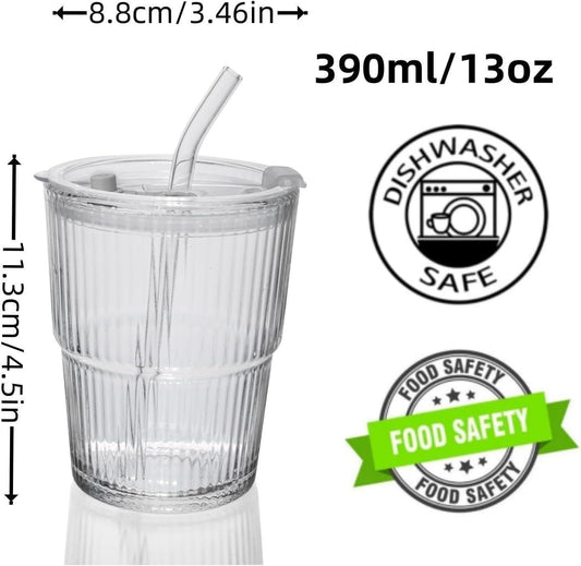 Liying 350ml Glass Coffee Tumbler with Straw and Lid Sealed Carry on, Glass Iced Coffee Cup, Leak-Proof Glass Tumbler Cup, Reusable Smoothie Mugs for Cold & Hot Drinks, Coffee, Tea, Shake (clear)