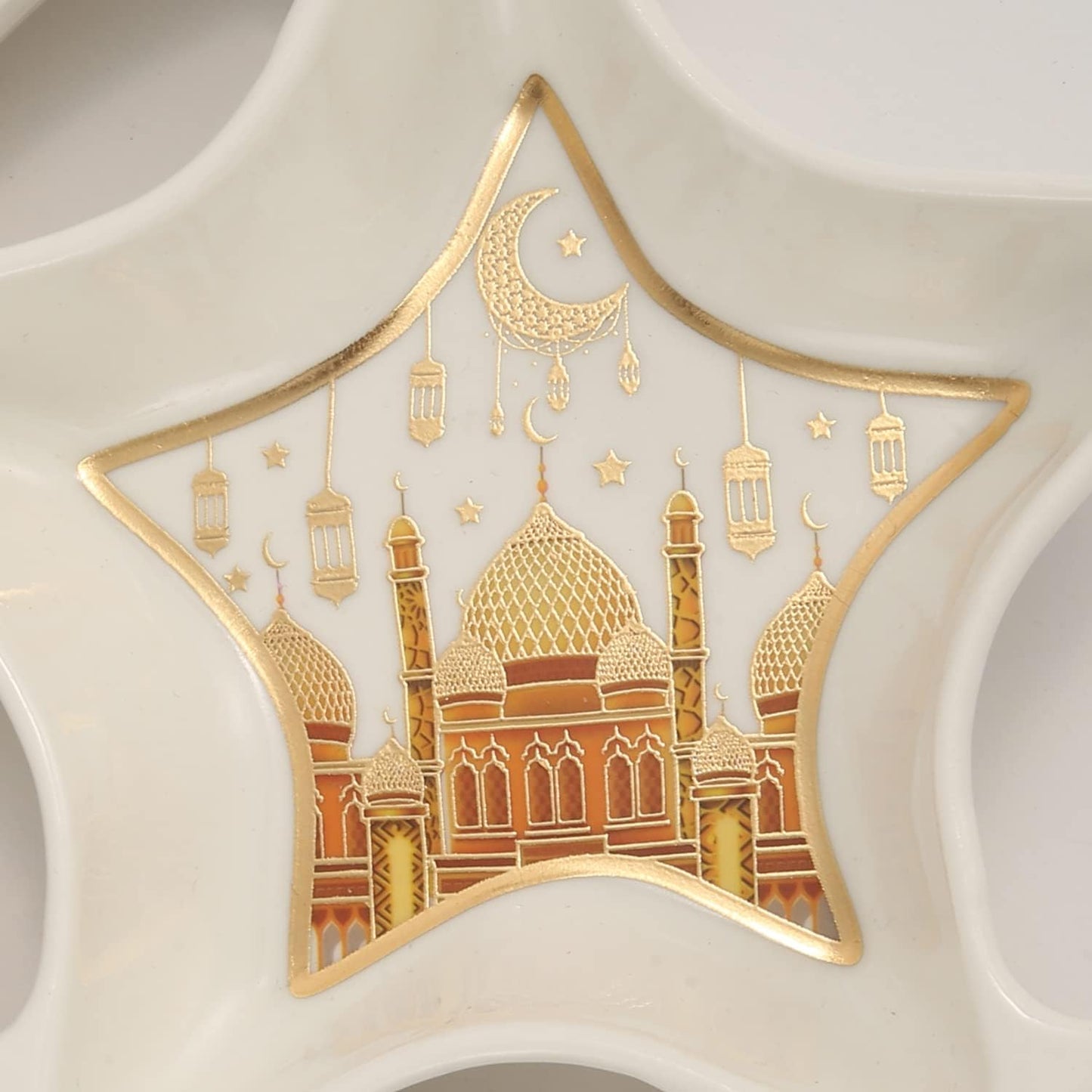 Ceramic Star Moon Shaped Serving Tray Crystal Holder Plate,Dish Ramadan Kareem Decoration Tray Eid Mubarak Dessert Tray-White and Gold Color (M)(L-27*W-27*H-3.3CM)