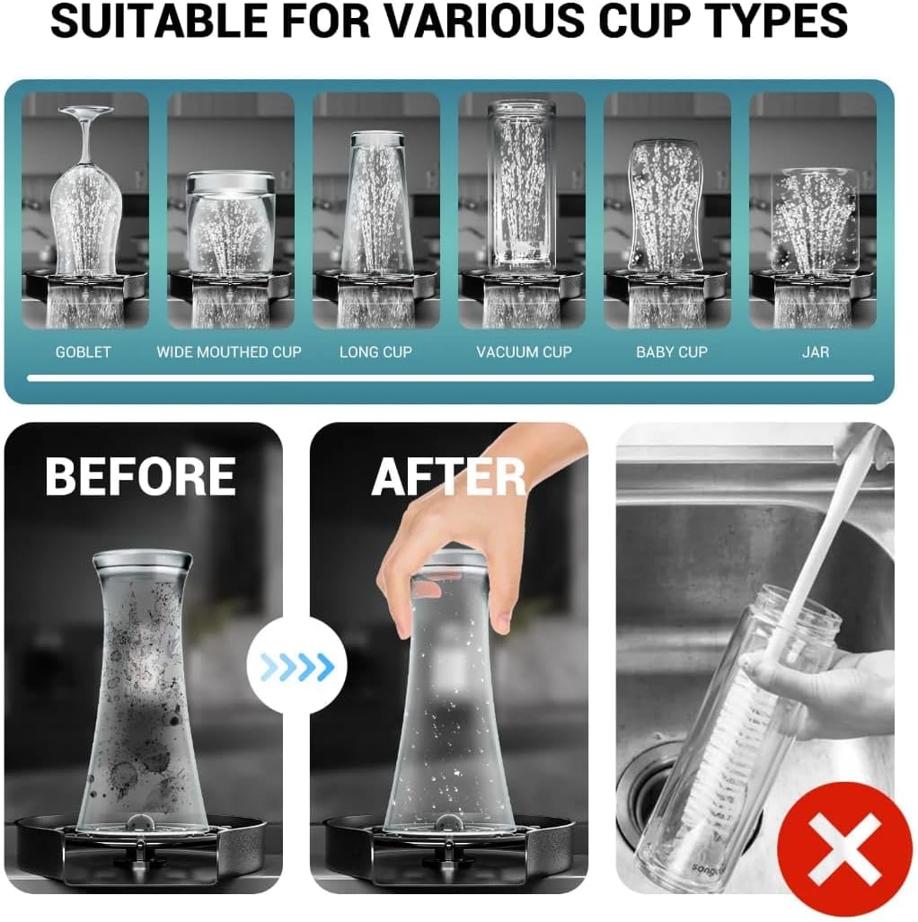 Liying Glass Rinser For Kitchen Sink - Plastic base, Faucet Cup Rinser Cleaner Kitchen Sink Bottle Washer For Bar, Matte Black, Grey