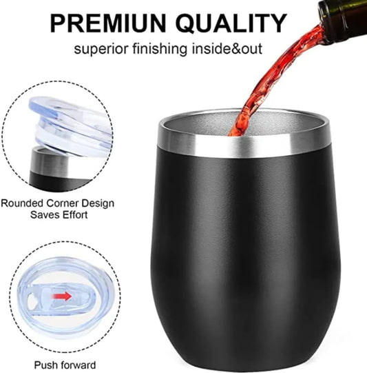 Liying 350ml Insulated Wine Tumbler with Lid Double Wall Vacuum Stainless Steel Wine Glass Coffee Mug Insulated Tumbler Cup for Champaign, Cocktail, Beer (Black)