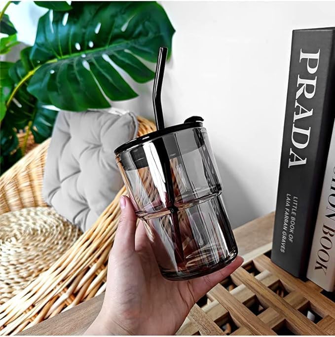 Liying 350ml Glass Coffee Tumbler with Straw and Lid Sealed Carry on, Glass Iced Coffee Cup, Leak-Proof Glass Tumbler Cup, Reusable Smoothie Mugs for Cold & Hot Drinks, Coffee, Tea, Shake (Black)
