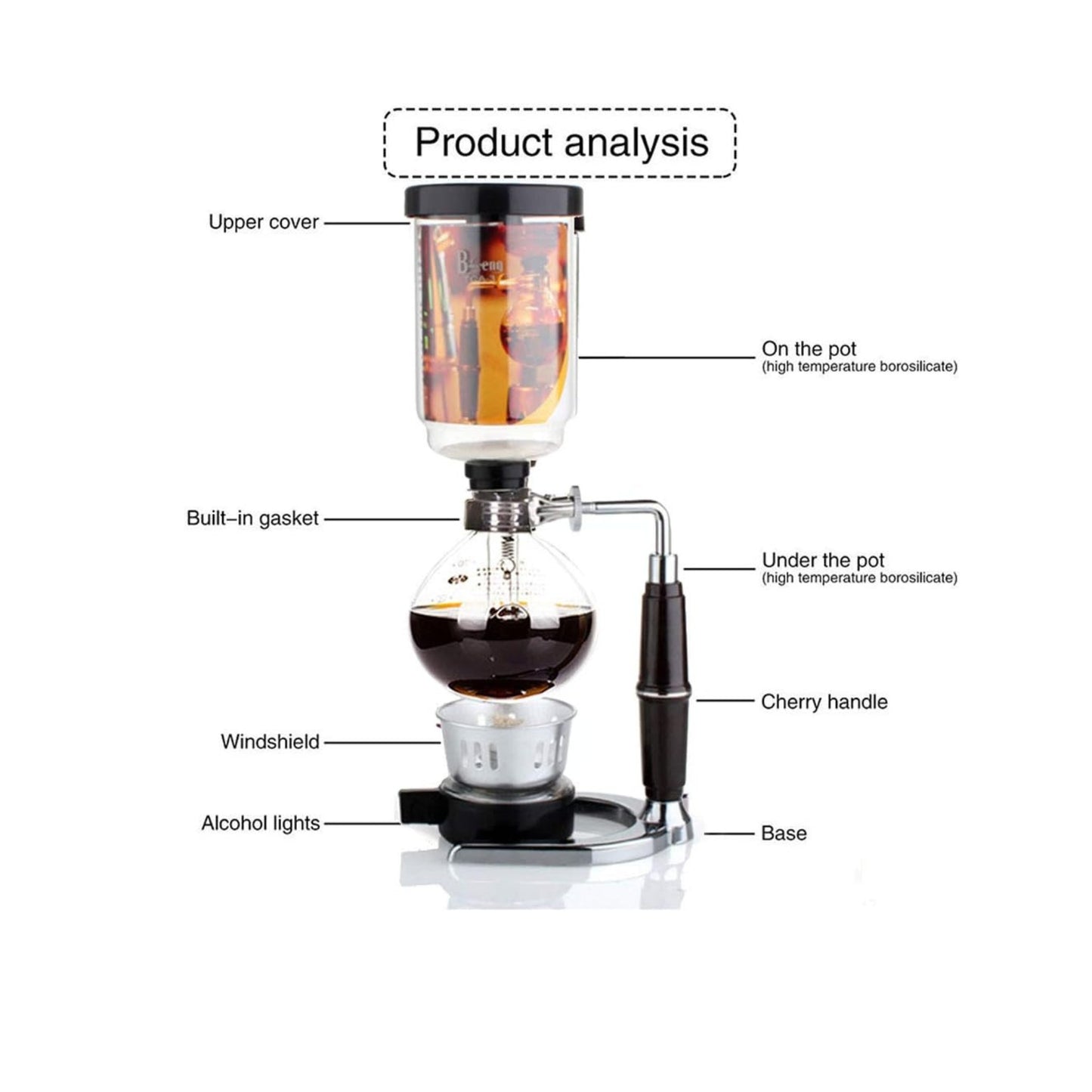 Liying 3cup Tabletop Syphon Coffee Maker with Alcohol Burner Plastic Coffee Powder Spoon Filter Cloth and Wooden Stirrer Black Coffee maker