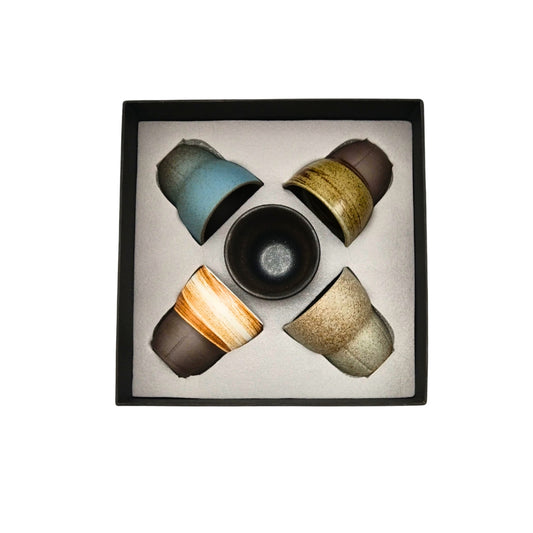 Liying Ceramic Coffee Cup Set 100ml 5 Pieces Handmade Art Design Shiny Brown with Gift Box Cups