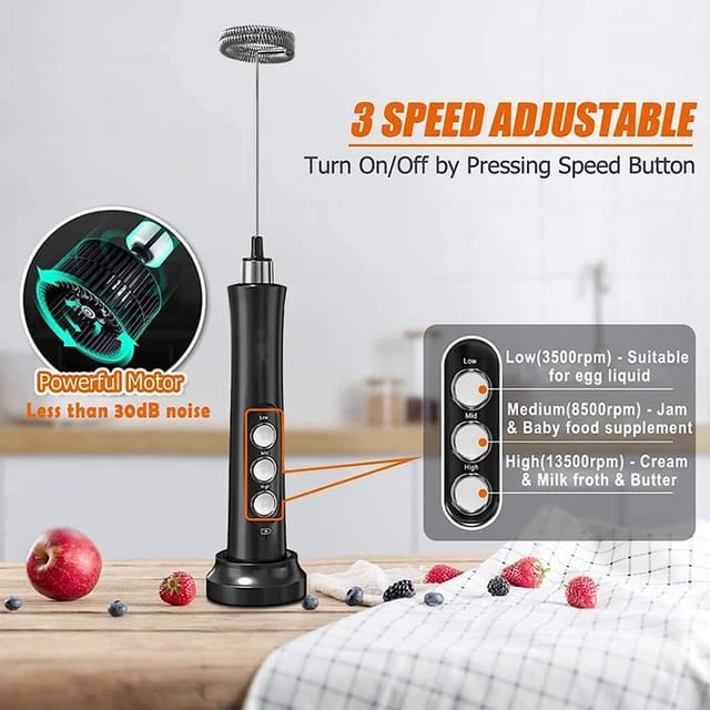 Liying Rechargeable Milk Frother Handheld with 3 Heads Silver Coffee Electric Whisk Drink Foam Mixer Mini Hand Stirrer with 3 Speeds Adjustable for Latte Cappuccino Hot Chocolate Egg Black coffee accessories