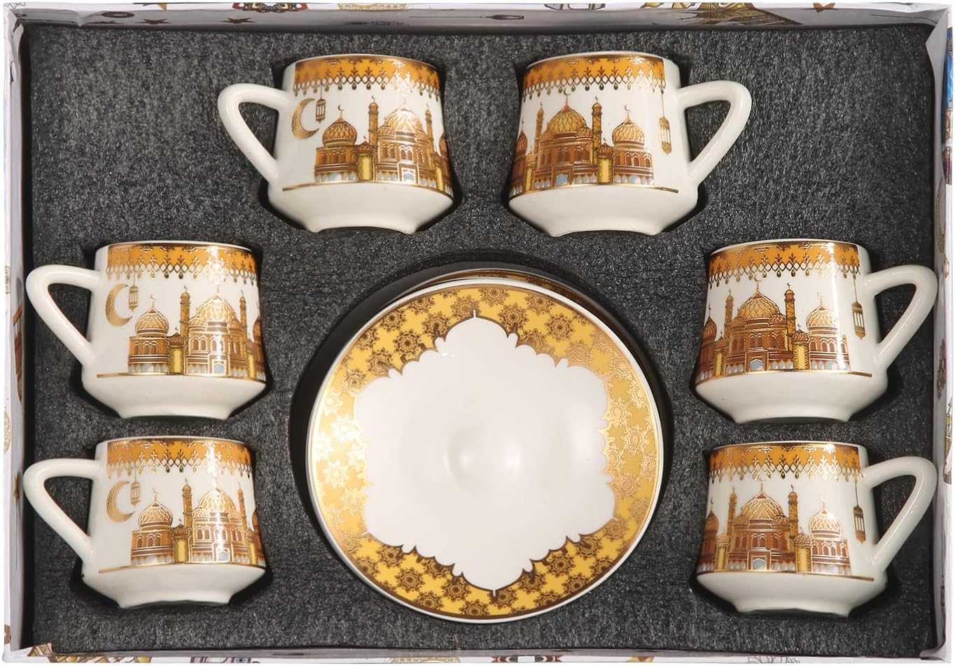 Liying Ramadan Design Turkish Coffee Cup Set - Set of 6 with Saucers and Cup Holder for Home Office, Ceramic Keeps Coffee Warm, set-gold and white color