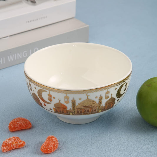 Liying Ramadan Design Set of 6 Ceramic Soup Bowls, Cereals, Rice, Pasta, Salad Oatmeal, Thick-edge Non-slip Design with ramadan designs, gold and white color H-7cm, W-11cm, L-11cm (Small) | Yellow
