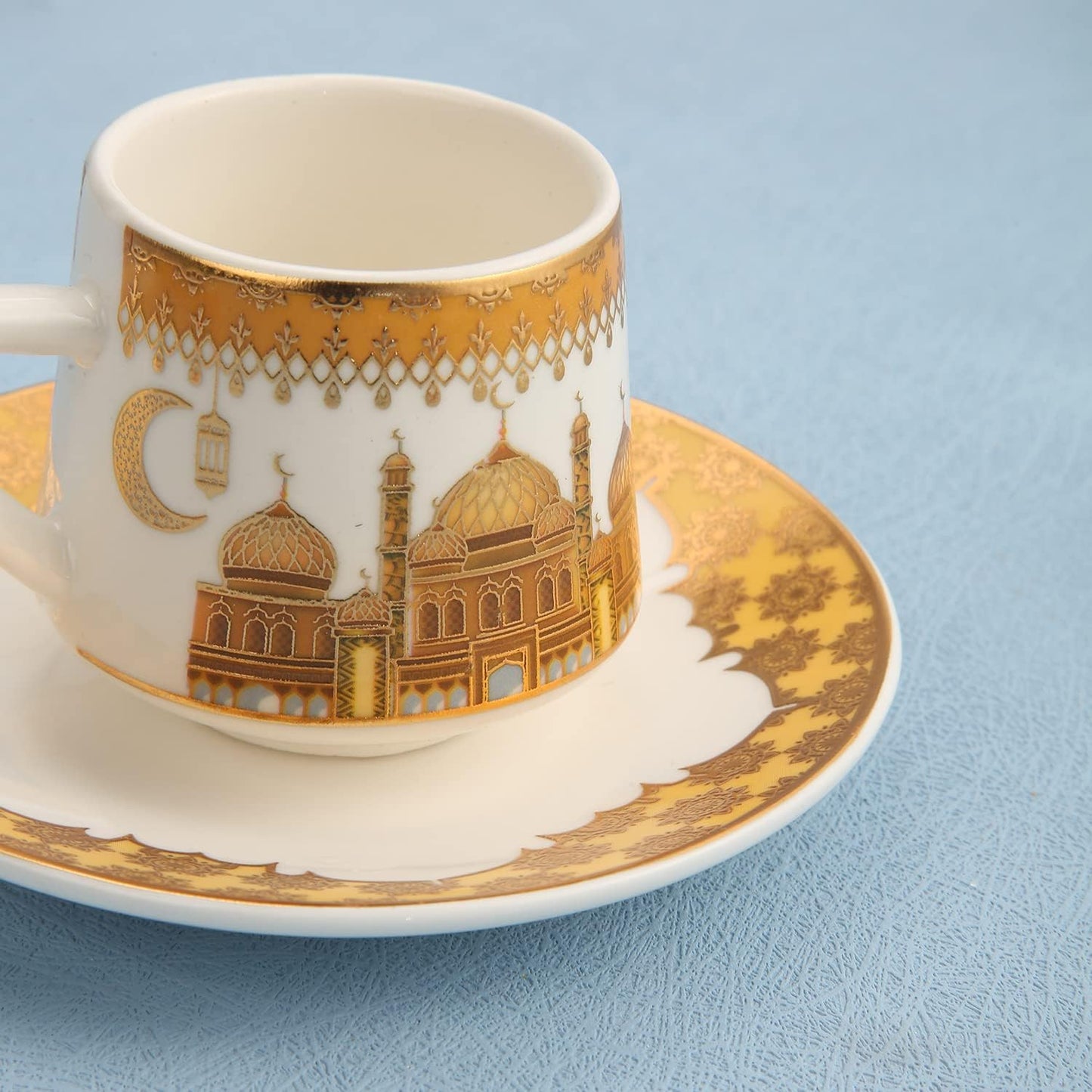 Liying Ramadan Design Turkish Coffee Cup Set - Set of 6 with Saucers and Cup Holder for Home Office, Ceramic Keeps Coffee Warm, set-gold and white color