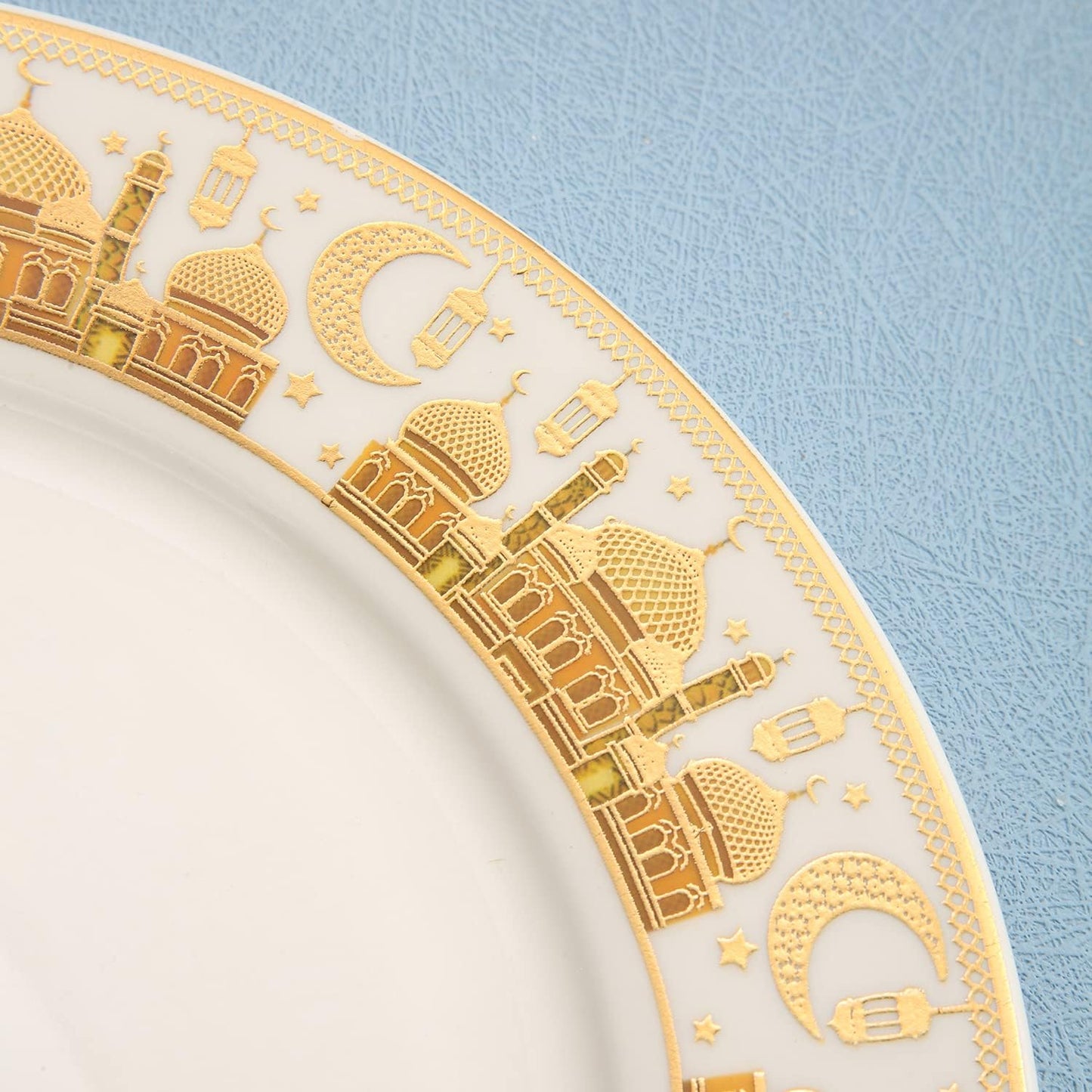 Porcelain Plates with Ramadan Design, Ceramic Round Serving Plate for Salad, Cakes,Sweets,(Set of 6)(S)-gold and White color (L-15*W-15CM)
