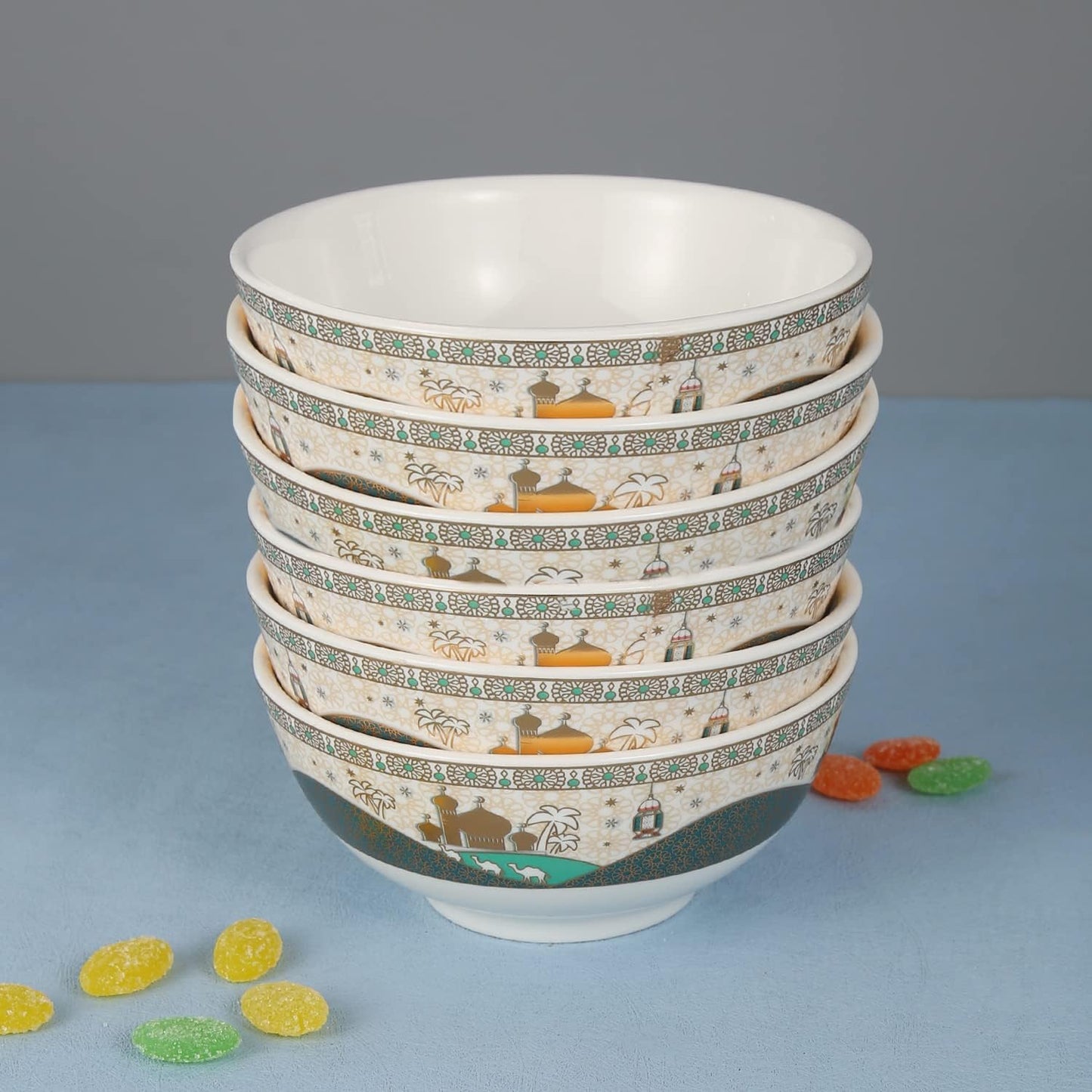 Ramadan design Porcelain Bowls Set of 6 Bowls for soup, Cereal, Salad, Fruit, Snacks, Ramen, Noodle, Dessert - White and green(L8*-W-15*H-6.5CM)