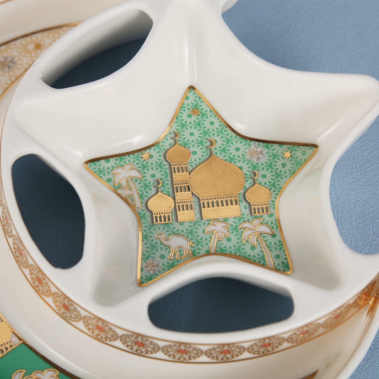 Ceramic Star Moon Shaped Serving Holder Plate , Dish Ramadan Kareem Decoration Tray Eid Mubarak Dessert Tray-White and Green Color(B) (L-27*W-26.5*H-4CM)