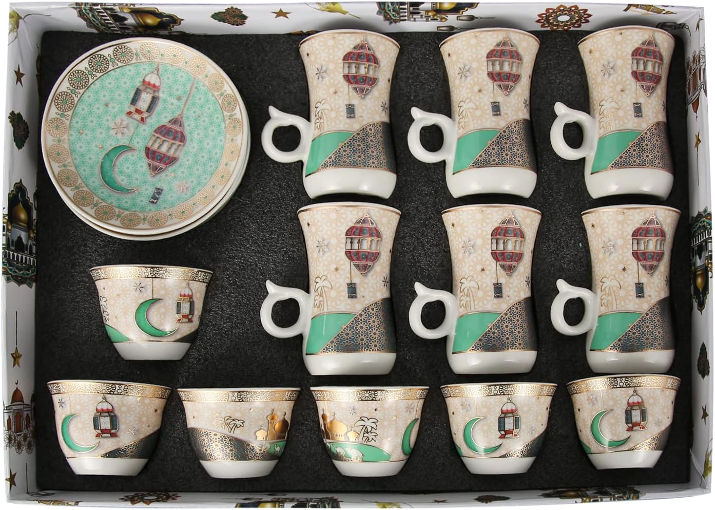 Ramadan design Porcelain Arabic 6 Tea cups And 6 Cawa cups Set of 18pcs,Dishwasher safe and good for wedding ,birthday parties etc.White and green color