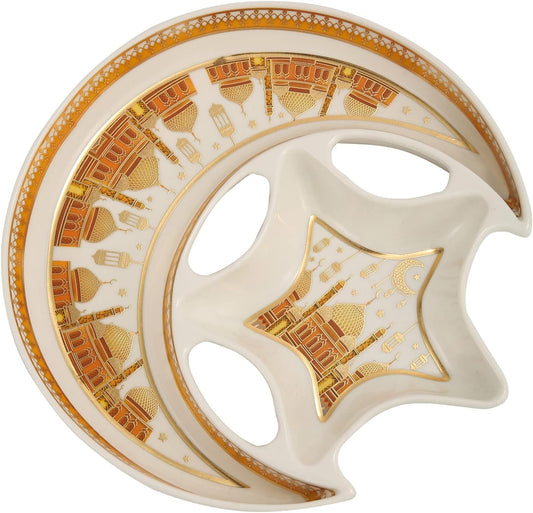 Ceramic Star Moon Shaped Serving Tray Crystal Holder Plate,Dish Ramadan Kareem Decoration Tray Eid Mubarak Dessert Tray-White and Gold Color (M)(L-27*W-27*H-3.3CM)