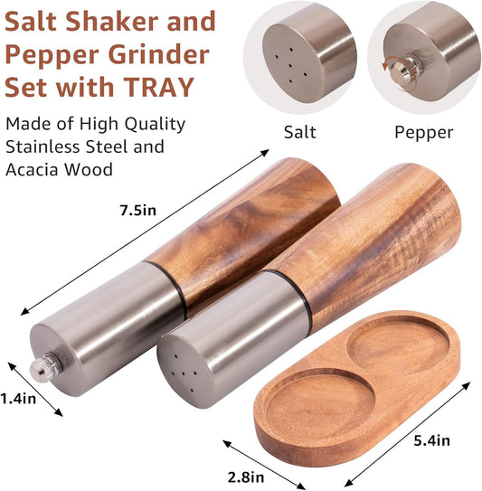 Salt Shaker and Pepper Grinder with Tray, Acacia Wood Salt and Pepper Grinder Set with High Strength Ceramic Grinding Core, Refillable Salt Shaker & Pepper Mill Adjustable for Customized Coarseness