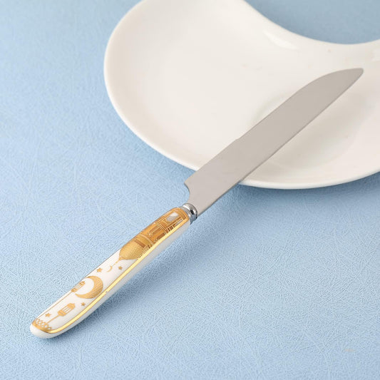 Liying Ramadan Design Heavy Duty Ceramic Handle Dinner Knives Set of 6 Stainless Steel Butter, Spreader Cheese Knife, Table Knifes, Steak Knives, Fruit Knife -Gold And White Color