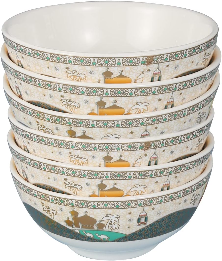 Ramadan design Porcelain Bowls Set of 6 Bowls for soup, Cereal, Salad, Fruit, Snacks, Ramen, Noodle, Dessert - White and green(L8*-W-15*H-6.5CM)
