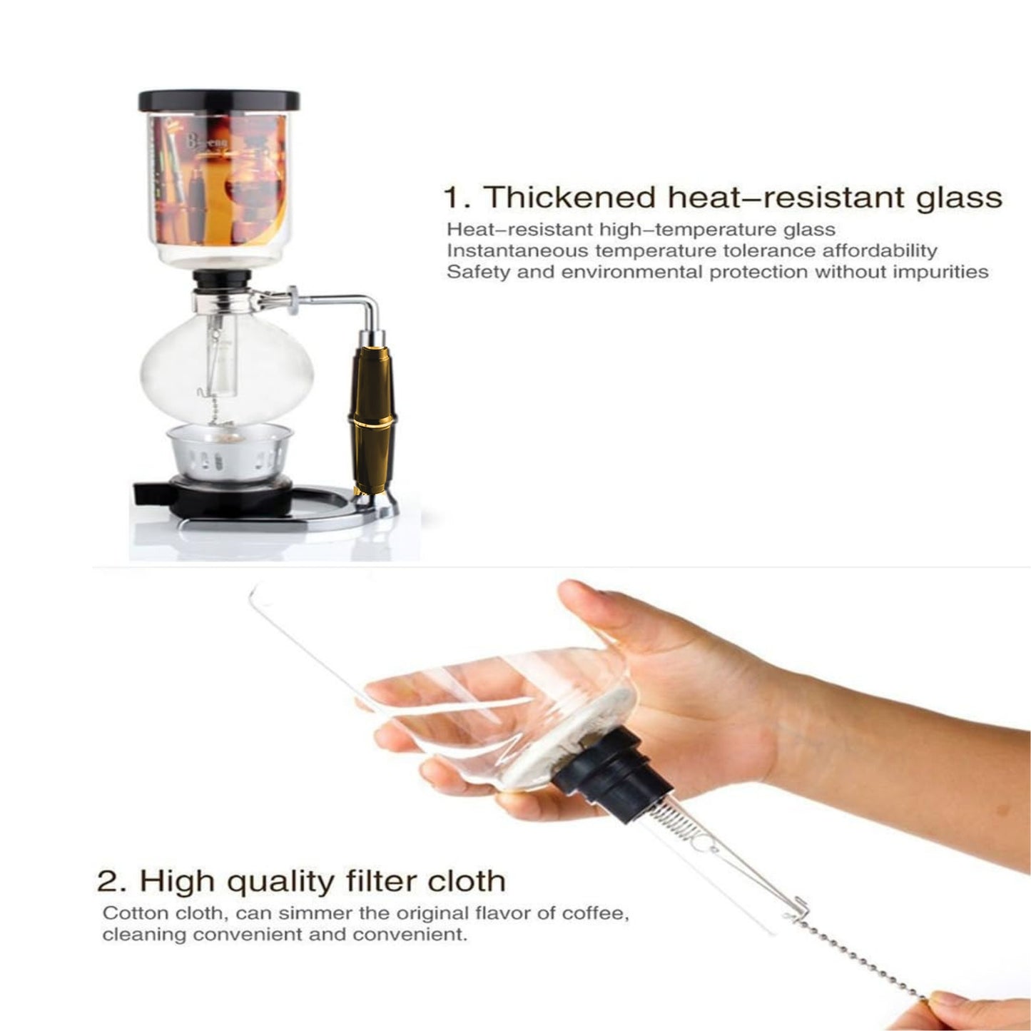Liying 5cup Tabletop Syphon Coffee Maker with Alcohol Burner Plastic Coffee Powder Spoon Filter Cloth and Wooden Stirrer Wooden Handle Coffee maker