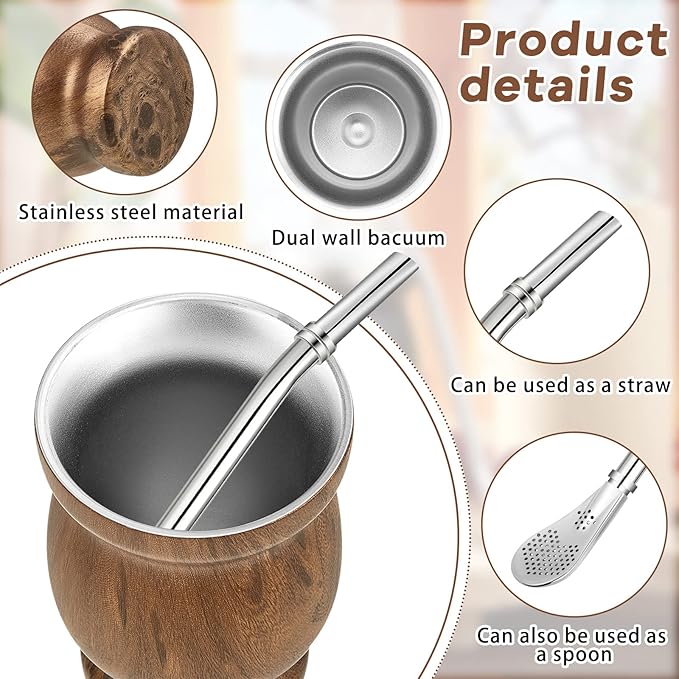 Liying Stainless Steel Double Wall Mate Cup And Bombilla Set Yerba Mate set Includes One Yerba Mate Cup 2 Bombillas Mate Straw & Brush Brown Cups
