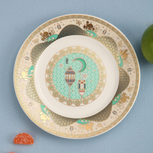 Porcelain Dinner Plates with Ramadan Design, Ceramic Round Serving Plate for Salad, Steak, Pasta (Set of 6)(B)-gold and green color (L-24.5W-24.5CM)