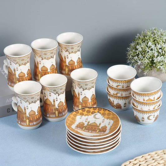 Liying 18pcs Ramadan Design Porcelain Arabic Tea cups(6) and Cawa cups(6) Set with saucer Dishwasher safe and good for Gatherings, Wedding, Parties