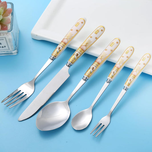 Liying Ramadan Design 30-Piece Silverware Set Ceramic Handle, Flatware Utensil Cutlery Set for 6 each size, Stainless Steel Tableware Includes Knife, Spoons Big and small and Forks Small and big Set