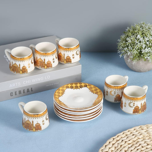 Liying Ramadan Design Turkish Coffee Cup Set - Set of 6 with Saucers and Cup Holder for Home Office, Ceramic Keeps Coffee Warm, set-gold and white color