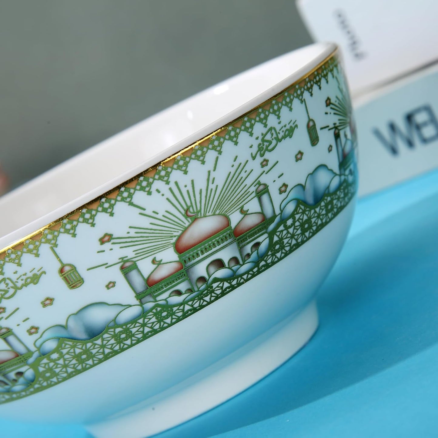 Liying Ramadan Design Set of 6 Ceramic Soup Bowls, Cereals, Rice, Pasta, Salad Oatmeal, Thick-edge Non-slip Design with ramadan designs, gold and white color H-7cm, W-11cm, L-11cm (Small) | Yellow