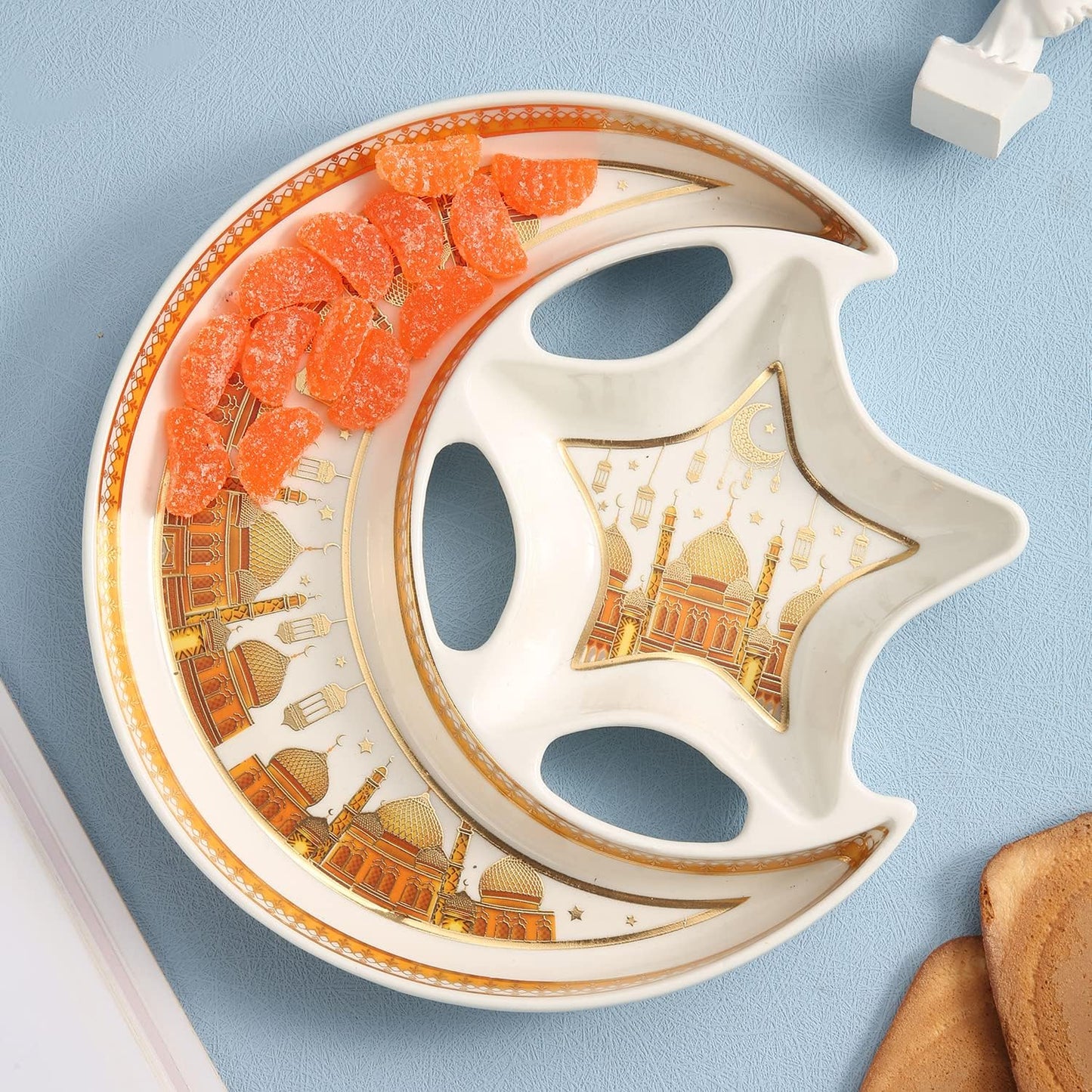 Ceramic Star Moon Shaped Serving Tray Crystal Holder Plate,Dish Ramadan Kareem Decoration Tray Eid Mubarak Dessert Tray-White and Gold Color (M)(L-27*W-27*H-3.3CM)