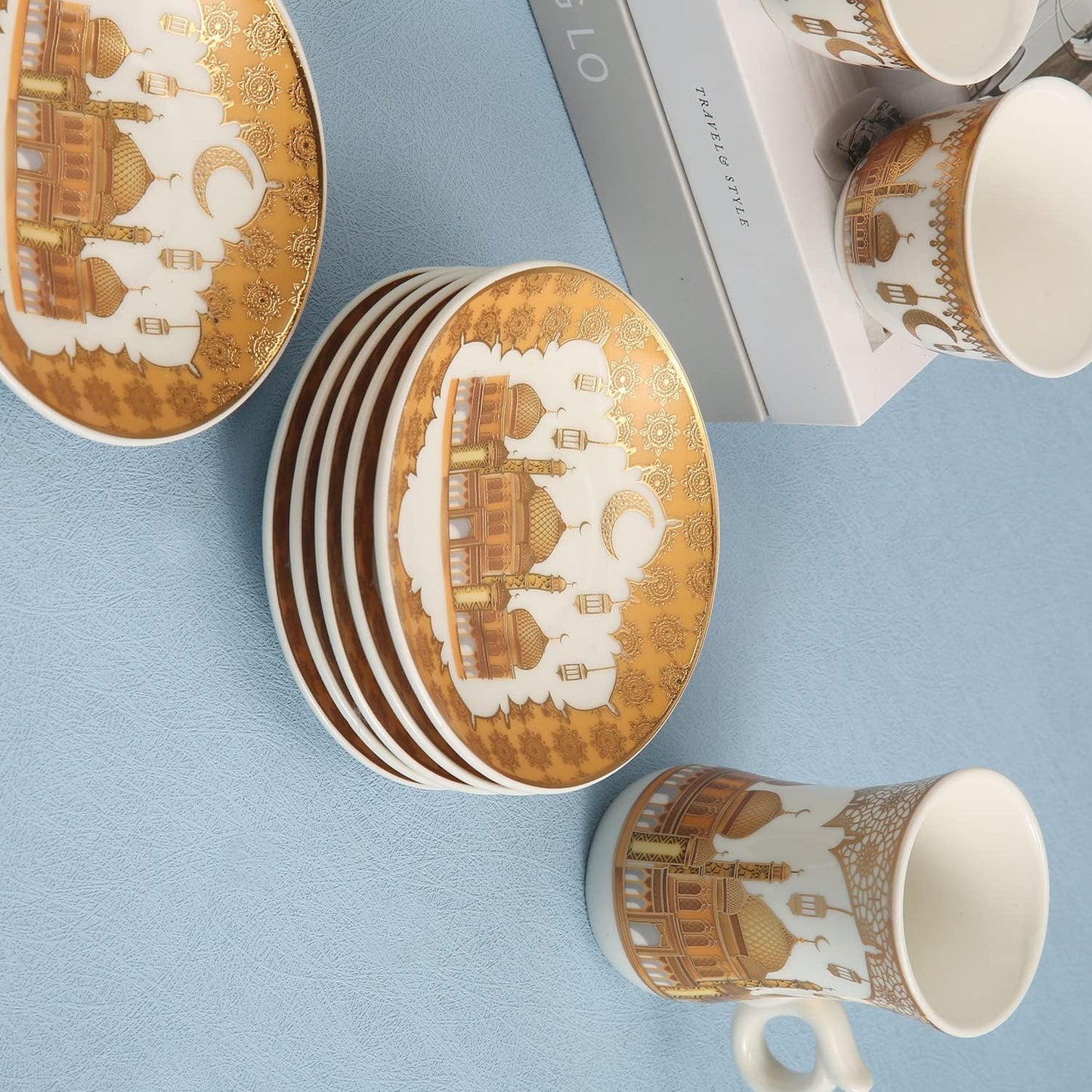 Liying 18pcs Ramadan Design Porcelain Arabic Tea cups(6) and Cawa cups(6) Set with saucer Dishwasher safe and good for Gatherings, Wedding, Parties