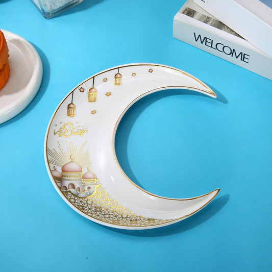 Liying Crescent Moon Iftar Food Serving Tray 24CM (B), Ramadan ceramic Platters Table Decor for Breakfast Dinner Dessert Pastry Display Holder Decoration