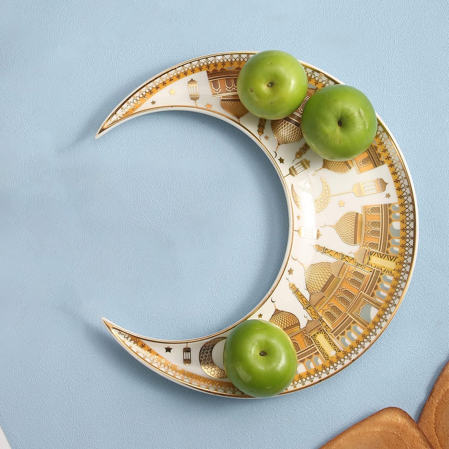 Ramadan Design Half Moon Elegant Decoration,Candy,Nuts Pastry , Snacks Home Plates -gold and white color (B)(L-23*W-9*H-23CM)