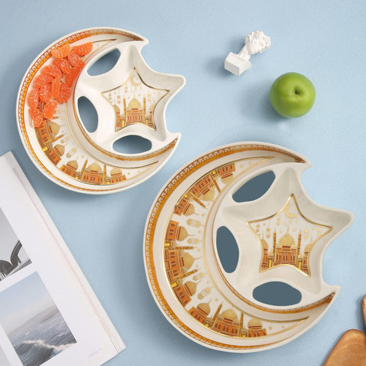 Ceramic Star Moon Shaped Serving Tray Holder Plate, Dish Ramadan Kareem Decoration Tray Eid Mubarak Dessert Tray-White and Gold Color (S)(L-20.5*W-3.5*H-20.5CM)