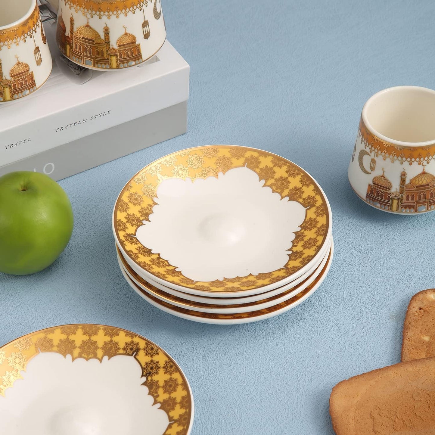 Liying Ramadan Design Turkish Coffee Cup Set - Set of 6 with Saucers and Cup Holder for Home Office, Ceramic Keeps Coffee Warm, set-gold and white color