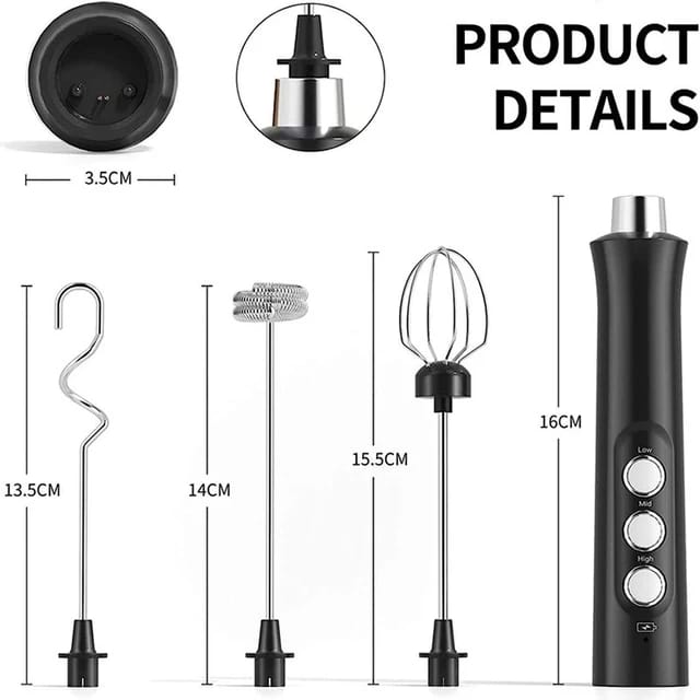 Liying Rechargeable Milk Frother Handheld with 3 Heads Silver Coffee Electric Whisk Drink Foam Mixer Mini Hand Stirrer with 3 Speeds Adjustable for Latte Cappuccino Hot Chocolate Egg Black coffee accessories