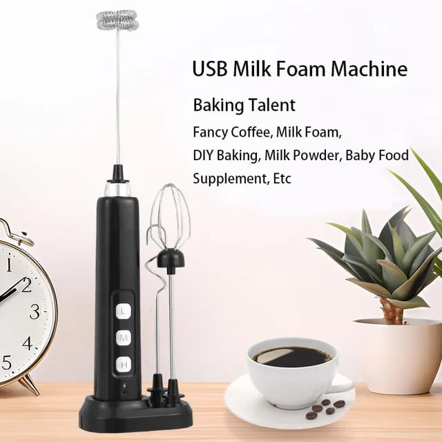 Liying Rechargeable Milk Frother Handheld with 3 Heads Silver Coffee Electric Whisk Drink Foam Mixer Mini Hand Stirrer with 3 Speeds Adjustable for Latte Cappuccino Hot Chocolate Egg Black coffee accessories