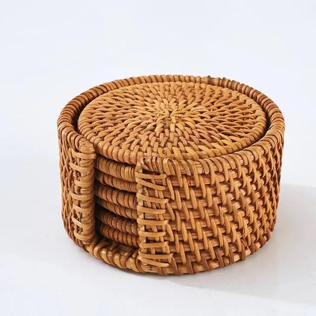 Liying 6pcs Handmade Natural Rattan Coasters for Drinks Wicker Boho Coasters Woven Coasters for Drinks Heat Resistant Reusable Sauce kitchen