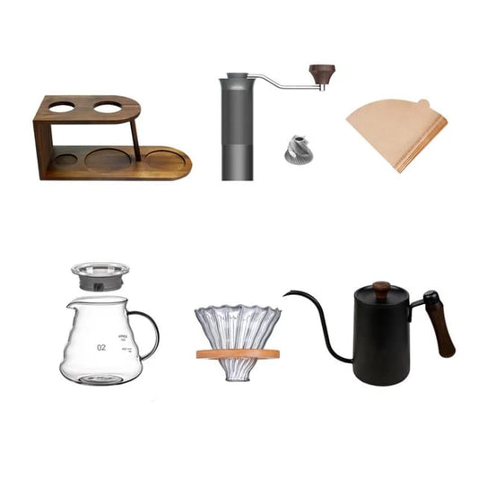 Liying V 60 Pour Over Coffee Maker Set Include Coffee Kettle Glass Server Glass Dripper Manual Steel Grinder Filter Paper with Stand for Traveling Camping Outdoor Activities Coffee maker