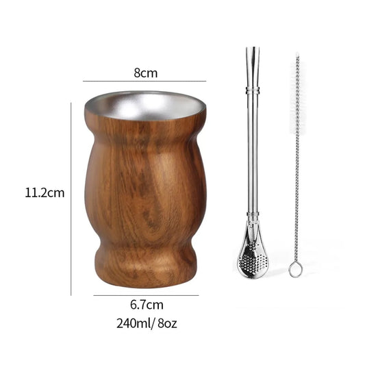 Liying Stainless Steel Double Wall Mate Cup And Bombilla Set Yerba Mate set Includes One Yerba Mate Cup 2 Bombillas Mate Straw & Brush Brown Cups