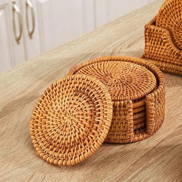 Liying 6pcs Handmade Natural Rattan Coasters for Drinks Wicker Boho Coasters Woven Coasters for Drinks Heat Resistant Reusable Sauce kitchen